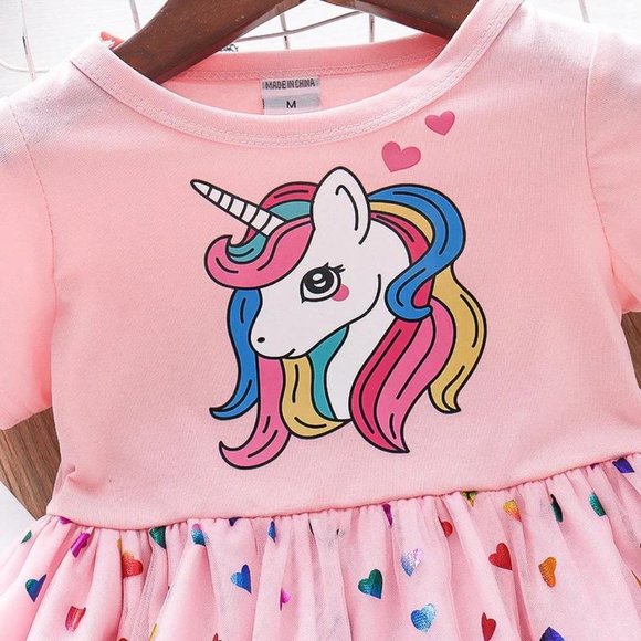 3T Girls Pink Blue Rainbow Unicorn Party Baby Dresses with Shiny Rainbow Hearts - Picture 5 of 8